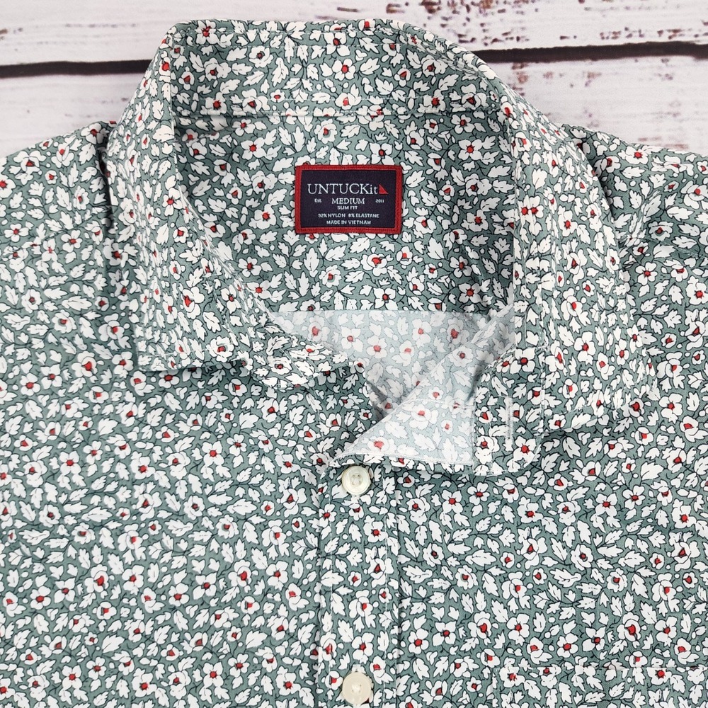 UNTUCKit Kyros Performance Short Sleeve Shirt Green Floral Slim Fit Medium